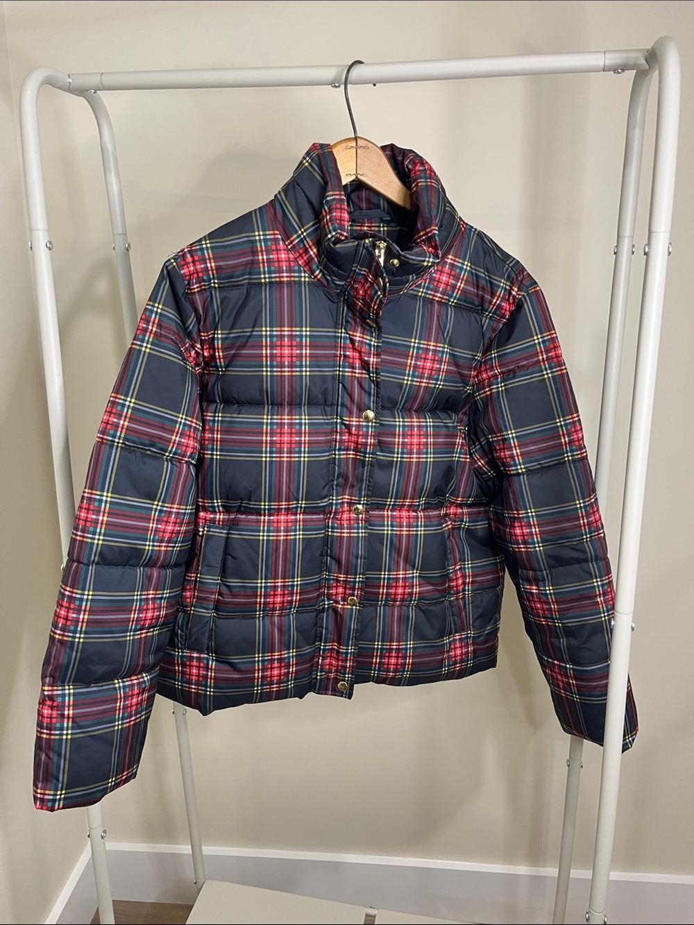 J. Crew Navy Jacket with Red, Green & Yellow Tartan Trim